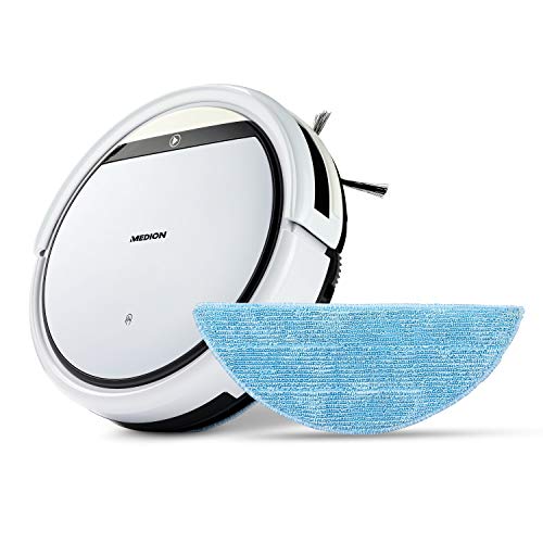 MEDION Saugroboter mit Wischfunktion (90 Min. Laufzeit, 2in1 Saug und Wisch Roboterstaubsauger für Hartböden, Teppiche, Fliesen, Laminat, Tierhaar optimiert, Rückkehr zur Ladestation, MD 18501) weiß