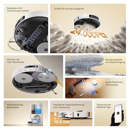 dreame L40 Ultra A Saugroboter mit Wischfunktion mit 24.000 Pa Saugkraft | TriCut-Bürste, 10,5 mm Mopp-Hub, multifunktionale Basisstation, Wischmopp-Selbstreinigung, intelligente Hindernisvermeidung - 11
