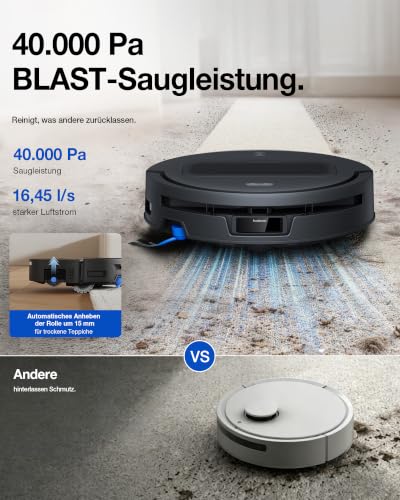 ECOVACS DEEBOT T90 MAX PRO Saugroboter mit Wischfunktion, 40.000 Pa BLAST | OZMO ROLLER 3.0 selbstreinigender wischmopp, Ausfahrbare Mopp, 100°C Heißwasser-Moppwäsche, 15mm Walzenmopp-Anhebung, Schwarz - 4