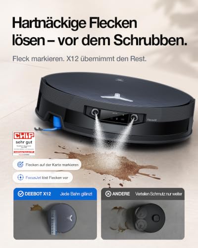 ECOVACS X12 OMNICYCLONE Saugroboter mit Wischfunktion, 22.000 Pa Saugkraft | FocusJet-System zur Fleckenvorlösung, OZMO ROLLER 3.0, ausfahrbare Mopprolle, PureCyclone Auto-Entleerung, Silberschwarz - 2
