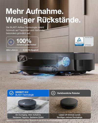 ECOVACS X12 OMNICYCLONE Saugroboter mit Wischfunktion, 22.000 Pa Saugkraft | FocusJet-System zur Fleckenvorlösung, OZMO ROLLER 3.0, ausfahrbare Mopprolle, PureCyclone Auto-Entleerung, Silberschwarz - 4