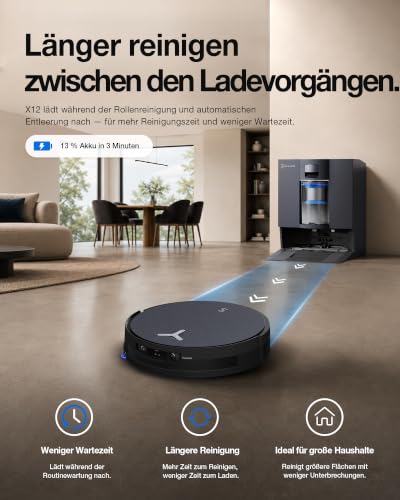 ECOVACS X12 OMNICYCLONE Saugroboter mit Wischfunktion, 22.000 Pa Saugkraft | FocusJet-System zur Fleckenvorlösung, OZMO ROLLER 3.0, ausfahrbare Mopprolle, PureCyclone Auto-Entleerung, Silberschwarz - 6