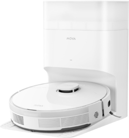 Weißer Mova S10 Plus Saugroboter mit automatischer Absaugstation auf Hartboden